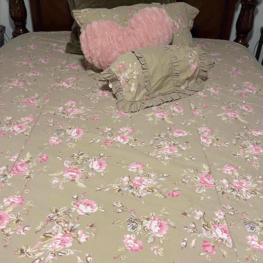 simply shabby chic FLORAL CASTLE  MOCHA pink roses, twin XL duvet 2 shams